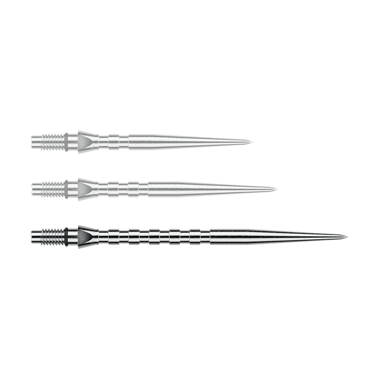 Das Bild stellt eine einzelne Winmau Switch Point Groove Steeldartspitze mit 40mm Länge dar. Die silberne Spitze besitzt eine geriffelte Struktur für bessere Griffigkeit.