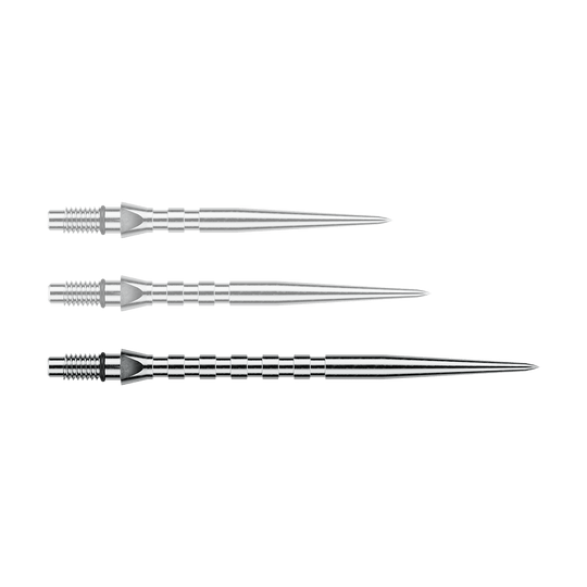 Winmau Switch Point Groove steel dart tips - Silver Effect Das Bild stellt eine einzelne Winmau Switch Point Groove Steeldartspitze mit 40mm Länge dar. Die silberne Spitze besitzt eine geriffelte Struktur für bessere Griffigkeit.
