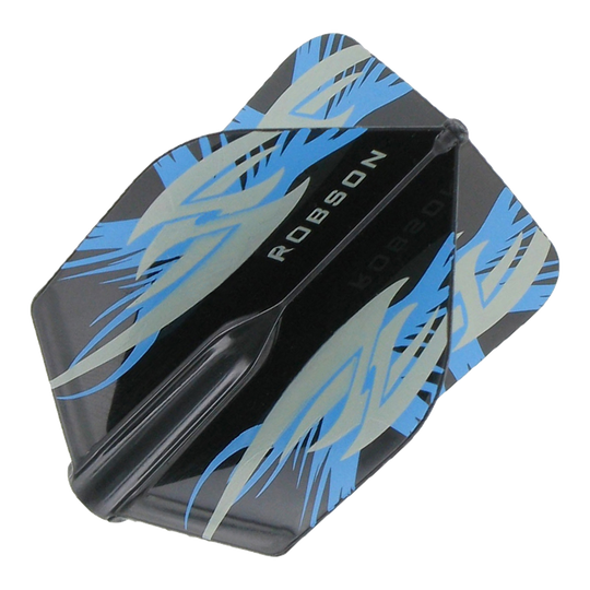 Robson Plus Flights Standard Argo Black Das Bild zeigt ein schwarzes Dart-Flight mit blauen und grauen Mustern. In der Mitte steht das Wort "ROBSON" in weißen Buchstaben.