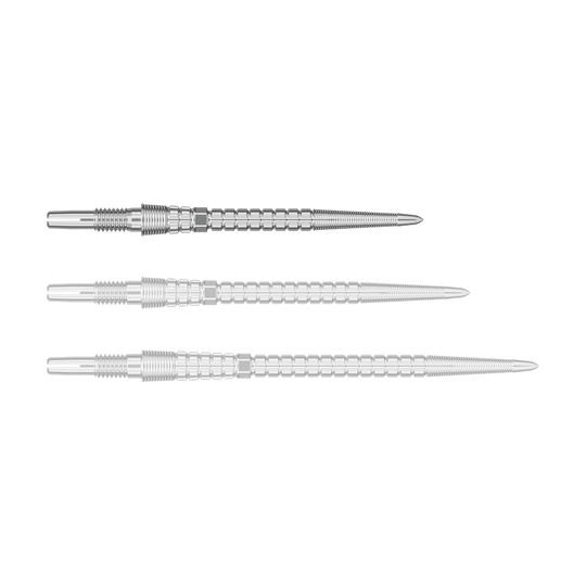 Target Chrono Swiss Storm Point Dart Tips - Silver Eine silberne Dartspitze ist einzeln fotografiert. Sie liegt waagerecht.