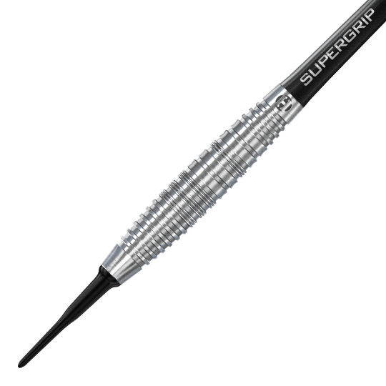 Freccette morbide Harrows NX90 Bomb Das Bild zeigt einen Harrows NX90 Bomb Softdart. Der Dart hat eine silberne, geriffelte Metallspitze und einen schwarzen Schaft mit der Aufschrift "SUPERGRIP".