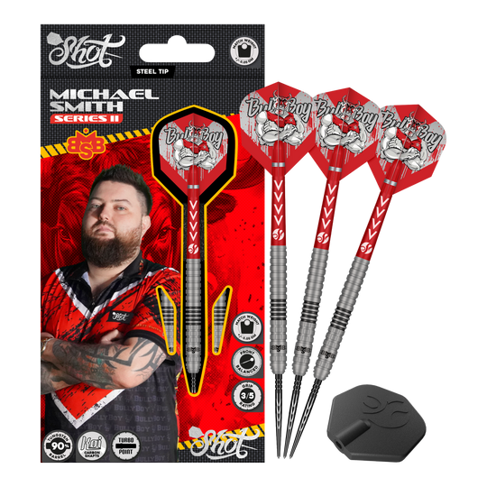Shot Michael Smith Series 2 Turbo Point stalowe lotki Das Bild zeigt die Shot Michael Smith Series 2 Turbo Point Steeldarts. Es sind hochwertige Steeldarts, die für den professionellen Gebrauch geeignet sind.