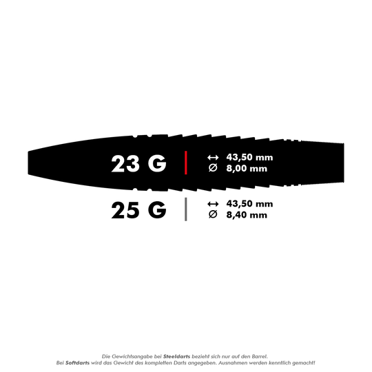 Dardos de acero Target Scott Williams Shaggy Black Swiss Point Das Bild zeigt zwei Dartgewichte: 23 Gramm mit 43,50 mm Länge und 8,00 mm Durchmesser sowie 25 Gramm mit 43,50 mm Länge und 8,40 mm Durchmesser. Unten steht ein Hinweis, dass sich die Gewichtsangabe bei Steeldarts nur auf den Barrel bezieht.