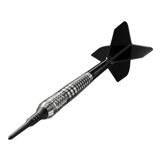 Dardos blandos Target Japan Black Marque Renegade 4 - 19 g Das Bild zeigt einen Softdartpfeil mit schwarzer Spitze und schwarzen Flights. Es handelt sich um das Modell "Target Japan Black Marque Renegade 4 Softdarts - 19g".