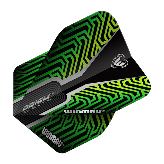 Letky Winmau Prism Delta Kairos No2 Standardní zelené Das Bild zeigt ein Dartflight des Modells "Winmau Prism Delta Kairos No2 Standard" in Grün. Das Flight hat ein auffälliges, geometrisches Muster in Grün- und Schwarztönen mit dem Winmau-Logo.