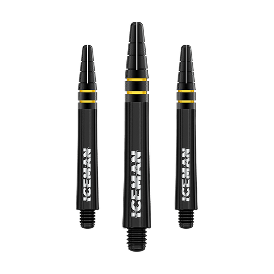 C818_Red_Dragon_Nitrotech_Gerwyn_Price_Shafts_Schwarz_39mm_1 Das Bild zeigt drei schwarze Dartschäfte mit goldenen Ringen und der weißen Aufschrift "ICEMAN". Es handelt sich um das Produkt "Red Dragon Nitrotech Gerwyn Price Shafts Schwarz - 39mm".