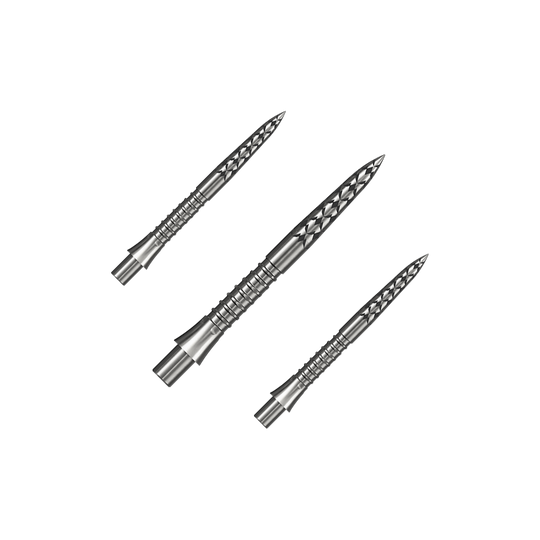 Puntas de dardos Mission Caliburn EVO con logotipo GV - plateadas Hier ist ein Set silberner Steeldartspitzen mit 26 mm Länge zu sehen. Die Aufnahme basiert auf der Datei M002127_Missoin_Caliburn_EVO_GV-Logo_Steeldartspitzen_Silber_26mm_1Set.