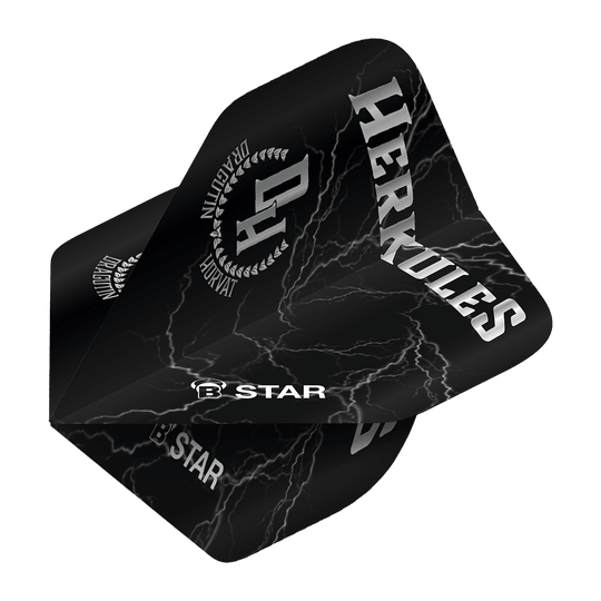 BL51843_Bulls_B-Star_Dragutin_Horvat_No2_Standard_Flights_2 Das Bild zeigt das Produkt "Bulls B-Star Dragutin Horvat No2 Standard Flights". Die Dart-Flights sind schwarz mit Blitzmotiven und weißen Aufschriften wie "HERKULES" und "B STAR".
