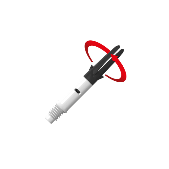 Wałek L-L-Style-Shaft Carbon Silent Straight - biały Das Bild zeigt einen weißen und schwarzen Dart-Schaft mit einem Gewinde am unteren Ende. Ein roter Pfeil deutet auf eine Drehbewegung des oberen Teils hin.