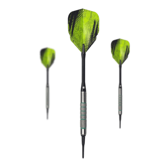 Dardos blandos McDart 85 Tungsten V7 - 16,5 g Das Bild zeigt drei McDart 85er Tungsten V7 Softdarts mit einem Gewicht von 16,5g. Die Darts haben grün-schwarze Flights und silberne Griffe.