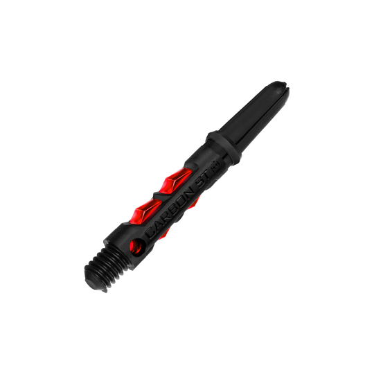 HR431_Harrows_Carbon_ST_Shafts_Rot_33mm_2 Das Bild zeigt einen Harrows Carbon ST Shaft in der Farbe Rot. Der Schaft ist schwarz mit roten Details und aus robustem Material gefertigt.