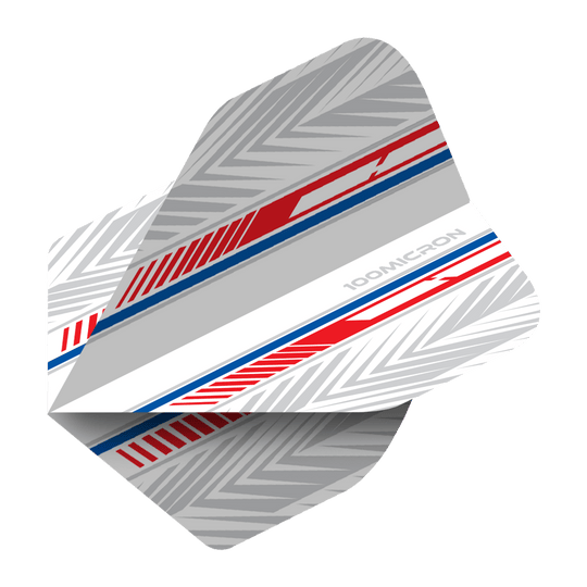 Letky pro pětiboj bílé/červené/modré Das Bild zeigt ein Pentathlon White Red Blue No2 Standard Flight für Darts. Das Design ist überwiegend grau mit roten und blauen Akzenten sowie einem geometrischen Muster.