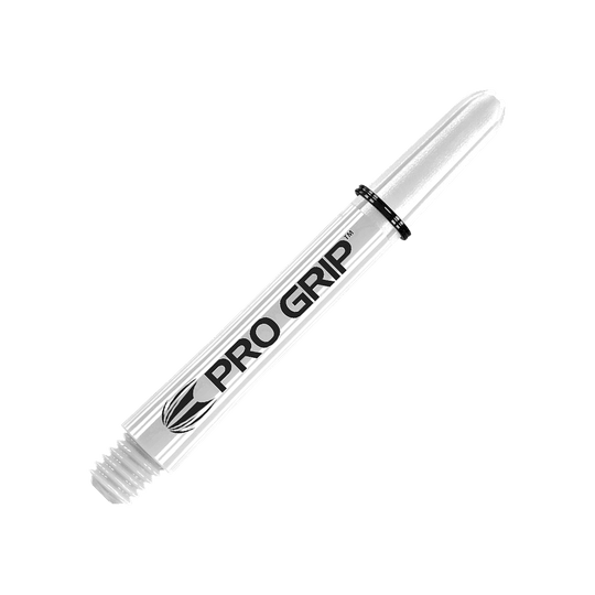 Target Pro Grip Shafts - 3 Sets - White Das Bild zeigt einen weißen Pro Grip Schaft für Dartpfeile. Auf dem Schaft steht gut sichtbar der Schriftzug "PRO GRIP".