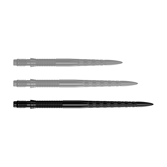 Dartspitzen in Schwarz werden angezeigt. Die Abbildung zeigt die Mission R25 Rapid Point DSX Dartspitzen mit einer Länge von 40mm.