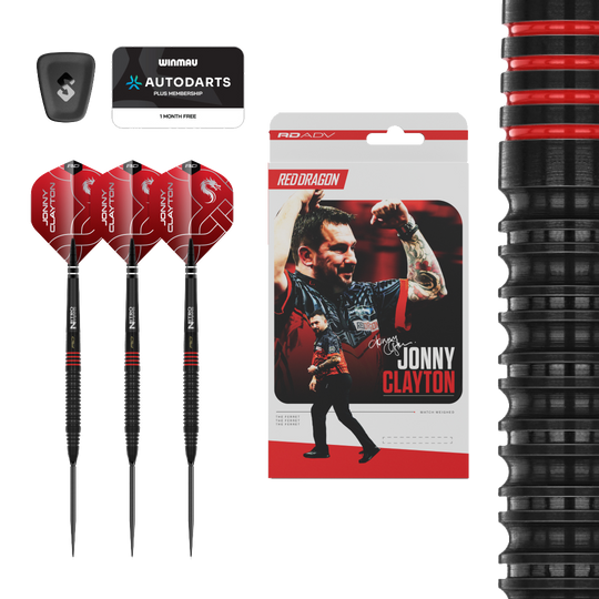 Red Dragon Jonny Clayton RD-ADV Switch Point Steeldarts Abgebildet ist ein Set Red Dragon Jonny Clayton RD-ADV Switch Point Steeldarts. Die Darts sind deutlich zu erkennen und die Beschriftung ist lesbar.