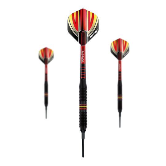 Winmau Outrage V1 Black Coated Brass Softdarts - 18g Das Bild zeigt drei Winmau Outrage V1 Black Coated Brass Softdarts mit einem Gewicht von 18g. Die Pfeile haben ein schwarzes Barrel und auffällige Flights in Rot, Gelb und Schwarz.