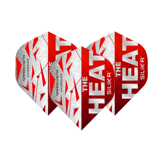 Lety Harrow's Silika Damon Heta Series 3 Das Bild zeigt drei Dart-Flights der Serie "Harrows Silika Damon Heta Series 3". Die Flights sind in Rot, Weiß und Silber gestaltet und tragen die Aufschrift "THE HEAT" sowie "SILIKA".