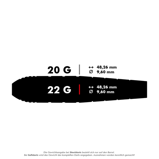 Rzutki Red Dragon Luke Humphries World Champion Brass Steel Das Bild zeigt zwei Gewichtsvarianten von Darts: 20 Gramm und 22 Gramm. Beide Varianten haben eine Länge von 48,26 mm und einen Durchmesser von 9,60 mm.