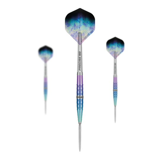 Dardos de acero Precise 180 Northern Lights Die Precise 180 Northern Lights Steeldarts sind als Set dargestellt. Mehrere Dartpfeile sind gemeinsam angeordnet.