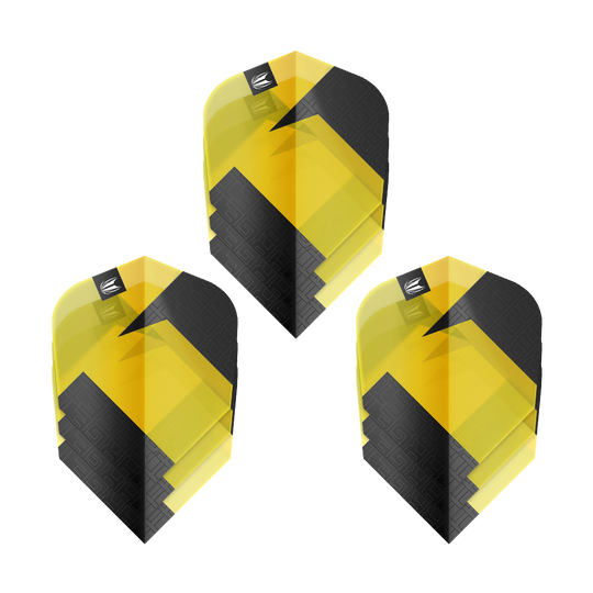 Vuelos estándar Target Pro Ultra TAG amarillos Ten-X - 3 juegos Das Bild zeigt drei gelb-schwarze Dart-Flights des Produkts "Target Pro Ultra TAG Gelb Ten-X Standard Flights". Die Flights haben ein modernes, geometrisches Design und werden als 3er-Set angeboten.