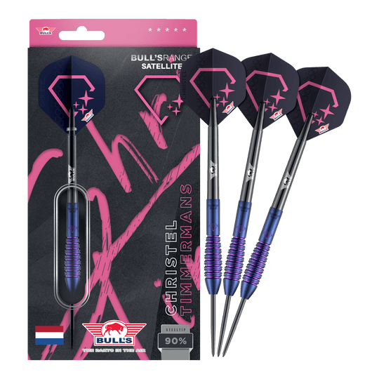 Bulls NL Christel Timmermans Satellite 90 ocelové šipky 25g Dieses Bild zeigt die Bulls NL Christel Timmermans Satellite 90 Steeldarts 25g in voller Ansicht. Sie sind ideal für das professionelle Dartspiel geeignet.