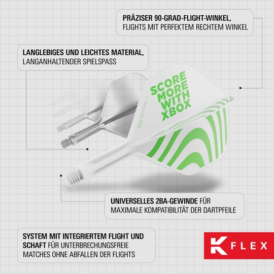 Target Xbox K-Flex No6 Flights - White Abgebildet sind die Target Xbox K-Flex No6 Flights - Weiß. Es handelt sich um weiße Dart-Flights in No6-Form von Target.