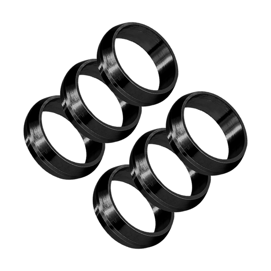 HR440_Harrows_Pyramid_Shaftringe_Schwarz_1 Das Bild zeigt sechs schwarze Harrows Pyramid Shaftringe. Sie sind rund und bestehen aus glänzendem Material.