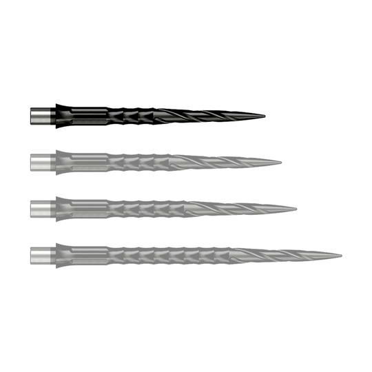 Puntas de dardos de acero Caliburn System - Spiro - Sin pestaña - Negras Das Foto zeigt Caliburn Evo System Steeldartspitzen Spiro NoLip Black in 28 mm Länge. Diese Dartspitzen sind in Schwarz gehalten und besonders langlebig.