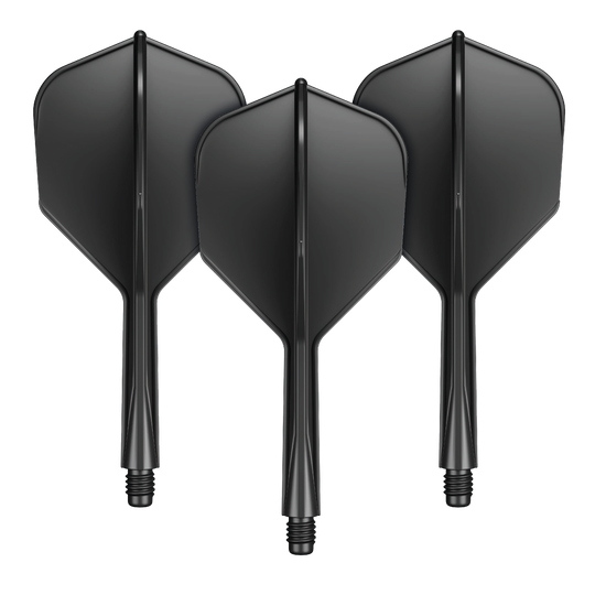 Das Bild zeigt drei schwarze Dartflights mit integriertem Schaft. Sie stehen nebeneinander und sind identisch in Form und Farbe.