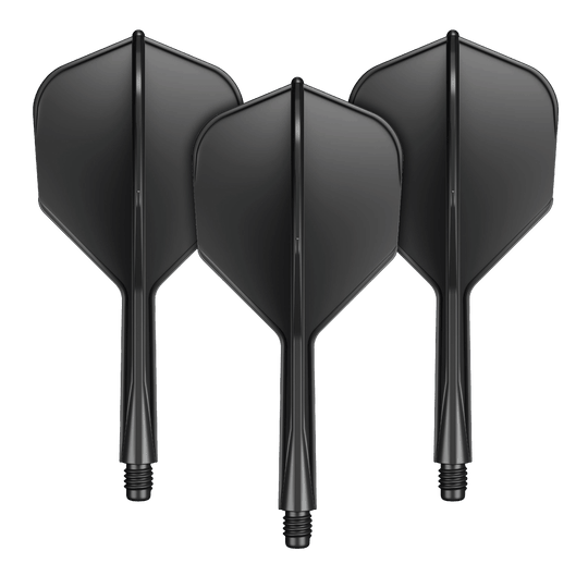 GOAT A1R No6 Flight Shaft System - Black Das Bild zeigt drei schwarze Dartflights mit integriertem Schaft. Sie stehen nebeneinander und sind identisch in Form und Farbe.