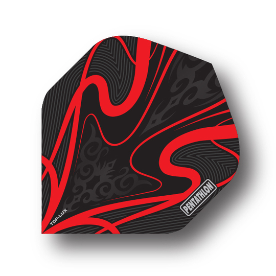 P176-PNT4001 Das Bild zeigt ein Dartflight mit dem Namen "Pentathlon Flights P176". Das Design ist überwiegend schwarz mit auffälligen roten Mustern und dem weißen Pentathlon-Logo.