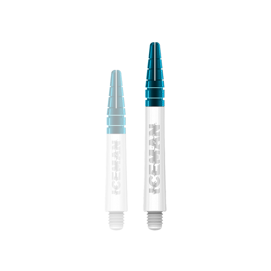 C635_Red_Dragon_Nitrotech_Gerwyn_Price_Shafts_White_42mm_1E8mrUYUjKnwDs Das Bild zeigt zwei weiße Dartschäfte mit blauen Spitzen. Auf den Schäften steht das Wort "ICEMAN" in silberner Schrift.
