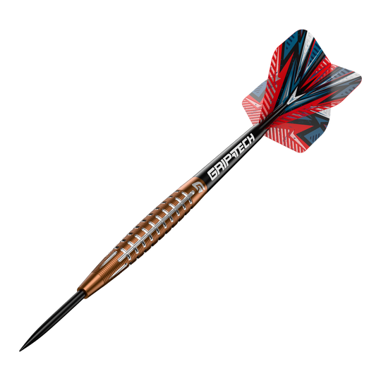 Dardos de acero de tungsteno GOAT Quarterback V1 Das Bild zeigt einen GOAT Quarterback V1 Tungsten Steeldart. Der Dartpfeil hat ein auffälliges Design mit einer rot-blauen Flight und einem goldenen Griff mit silbernen Rillen.