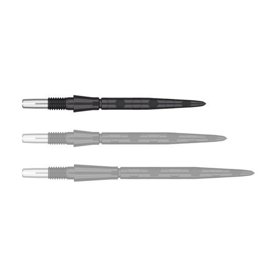 Punte per freccette Target Swiss Storm Onyx Point - Nere Das Bild zeigt drei schwarze Dartspitzen in einer Reihe. Sie haben ein metallisches Gewinde am einen Ende und sind schlank sowie geriffelt gestaltet.