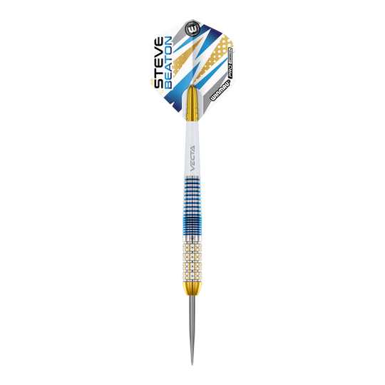 Dardos de acero Winmau Steve Beaton Legend Series Das Bild zeigt einen Winmau Steve Beaton Legend Series Steeldart. Der Dart ist blau, gold und weiß gestaltet und hat den Namen "Steve Beaton" auf dem Flight.
