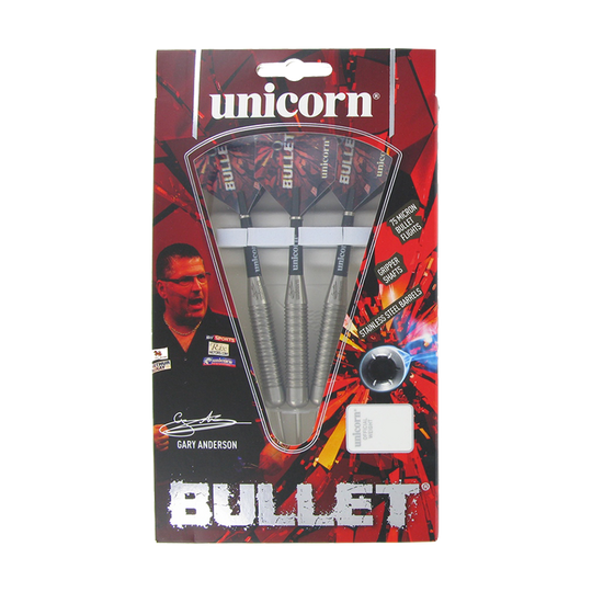 27520_Unicorn_Bullet_Gary_Anderson_Steeldarts_3gFnTJYnn2VNaC Auf dem Bild ist eine Verpackung der "Unicorn Bullet Gary Anderson Steeldarts - 22g" zu sehen. Die Packung enthält drei Steeldarts und ist in einem auffälligen roten Design gestaltet.