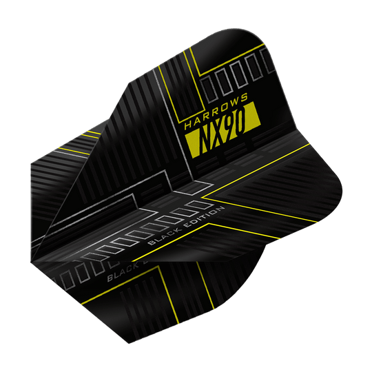Alette Harrows NX90 Black Edition No6 Das Bild zeigt das Produkt "Harrows NX90 Black-Edition No6 Flights". Das Flight ist überwiegend schwarz mit gelben und grauen Akzenten und moderner Grafik.