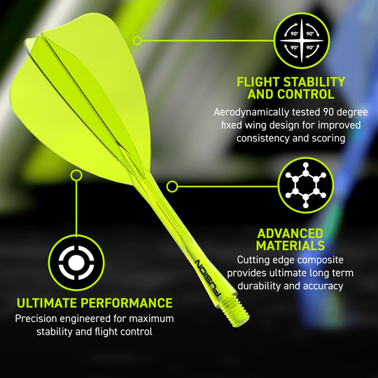 Winmau Fusion Flight Shaft System Freccia Giallo Neon Das Bild zeigt das Winmau Fusion Flight-Shaft-System Arrow Neon Yellow. Es handelt sich um einen neon-gelben Flight-Shaft für Darts.