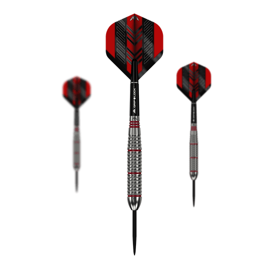 Dardos Mission Rogue de latón y acero - 22 g Das Bild zeigt drei Mission Rogue Brass Steeldarts mit einem Gewicht von 22g. Die Darts haben rote und schwarze Flights sowie silberne, gerillte Barrels.