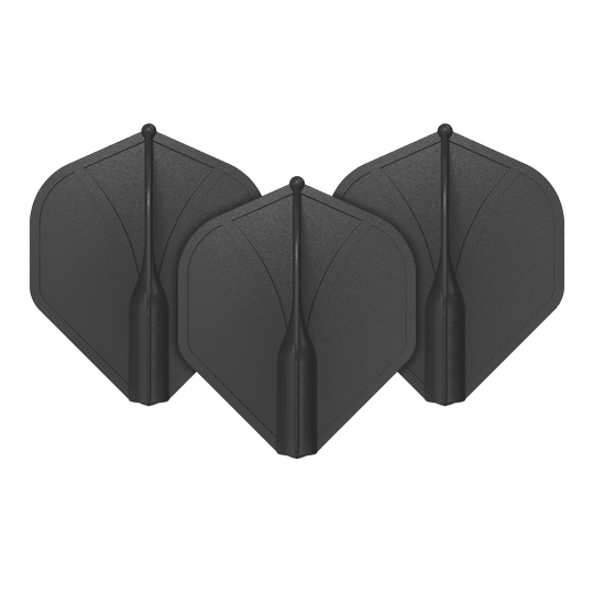 Standardní letky Shot Airfoil Molded No2 Auf dem Bild sind drei schwarze Dart-Flights zu sehen. Sie stehen aufrecht nebeneinander und haben eine standardmäßige, geformte Flügelform.