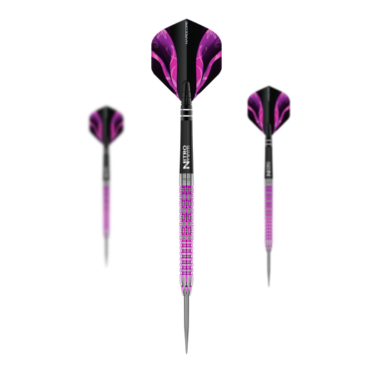 Dardos de acero de Tyrian del Red Dragon Das Bild zeigt drei Red Dragon Tyrian Steeldarts mit silbernen Spitzen und violetten Griffen. Die Flights sind schwarz-lila und haben ein modernes, auffälliges Design.