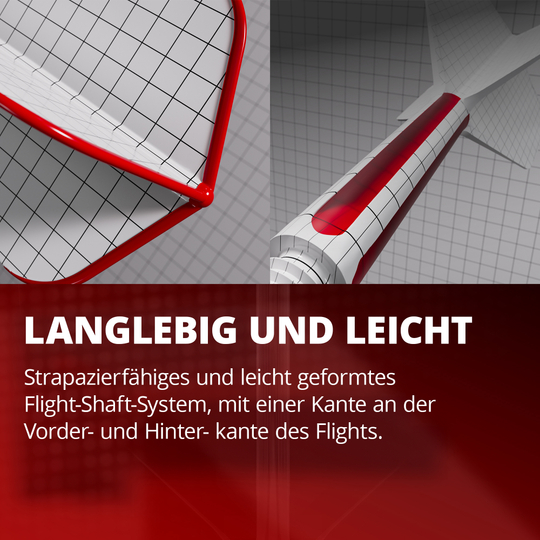 Sistema di alberi di volo standard Target K-Flex Nathan Aspinall No2 Das Bild zeigt ein langlebiges und leichtes Flight-Shaft-System mit rotem Rand und Gittermuster. Es betont die strapazierfähige und leichte Bauweise mit speziellen Kanten am vorderen und hinteren Bereich des Flights.