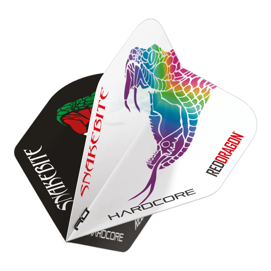 Red Dragon Peter Wright Uštknutí hadem Černá Bílá Jin Jang Standardní lety Das Bild zeigt die Red Dragon Peter Wright Snakebite Black White Yin Yang Standard Flights für Darts. Auf den Flights sind bunte Schlangenmotive und die Schriftzüge "Snakebite" und "Red Dragon" zu sehen.