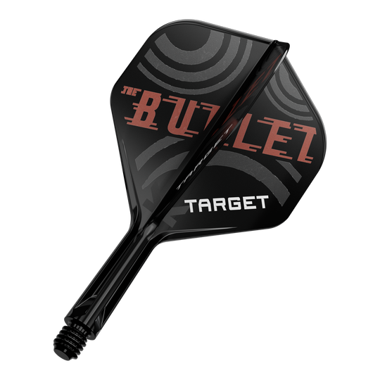Target K-Flex Stephen Bunting No2 Standard Flight-Shaft-System Das Bild zeigt einen schwarzen Dartpfeil mit der Aufschrift „THE BULLET“ und „TARGET“ auf den Flügeln. Die Flügel haben ein modernes, kreisförmiges Design in Grau und Rot.