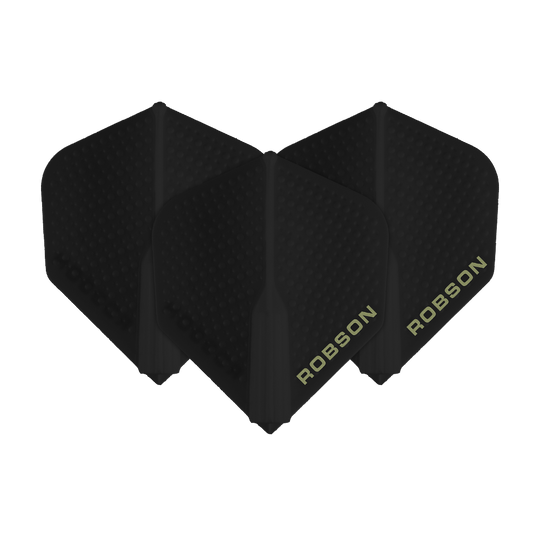 Lotki Robson Plus Dimple – czarne Das Bild zeigt drei schwarze Robson Plus Dimple Flights für Dartpfeile. Auf den Flights steht der Schriftzug "ROBSON" in heller Farbe.