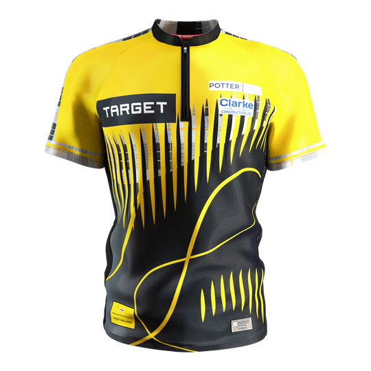 Koszulka do darta Target Coolplay Scott Williams 2025 Das Bild zeigt ein Dartshirt in den Farben Gelb und Schwarz mit auffälligem modernem Muster. Auf dem Shirt sind mehrere Sponsorenlogos, darunter "TARGET", zu sehen.