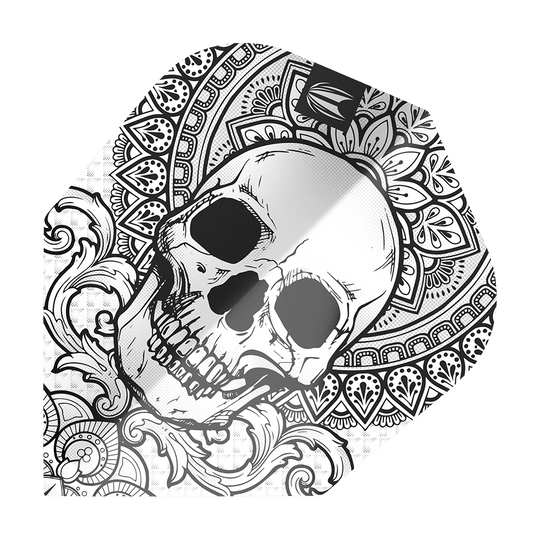 TG488_335480_Target_ProUltra_Ink_Grey_No6_Flights_1 Dieses Bild zeigt das Produkt "Target ProUltra Ink Grey No6 Flights". Auf dem Flight ist ein detailreich gezeichneter Totenkopf mit ornamentalen Mustern abgebildet.