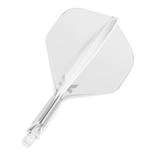 Target K-Flex No2 Standard Flight System - Trasparente Das Bild zeigt einen durchsichtigen Dartflug mit integriertem Schaft. Das Design ist schlicht und klar, mit einem kleinen grauen Logo am Schaftansatz.