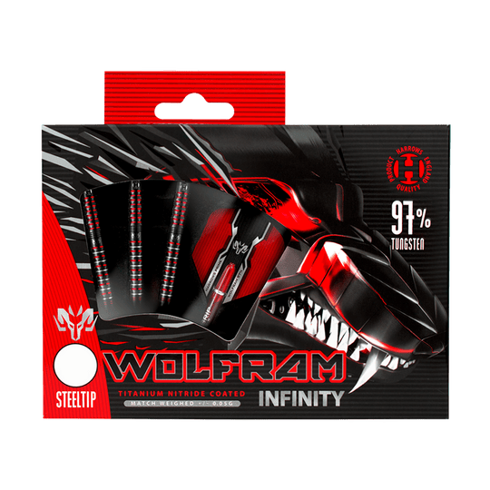 HA16990-Harrows-Wolfram-Infinity-97-Tungsten-Steeldarts-3 Auf dem Bild ist die Verpackung der "Harrows Wolfram Infinity 97% Tungsten Steeldarts" zu sehen. Das Design ist schwarz-rot und zeigt einen stilisierten Drachenkopf sowie die Darts mit Stahspitzen.