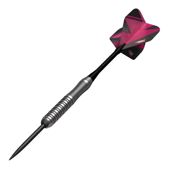 Dardos de acero Bulls NL Lightning Pink Das Bild zeigt einen Steeldartpfeil mit silbernem Griff und einer pink-schwarzen Flights. Es handelt sich um das Produkt "Bulls NL Lightning Pink Steeldarts".